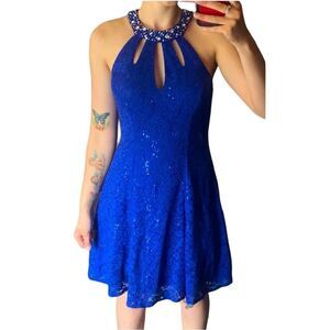 Sexy Blue sparkly gemstone collar Formal prom bridesmaid dress keyhole halter